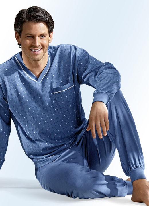 Pyjamas - Pyjama mit V-Ausschnitt und Bündchen, in Größe 046 bis 066, in Farbe INDIGOBLAU Ansicht 1