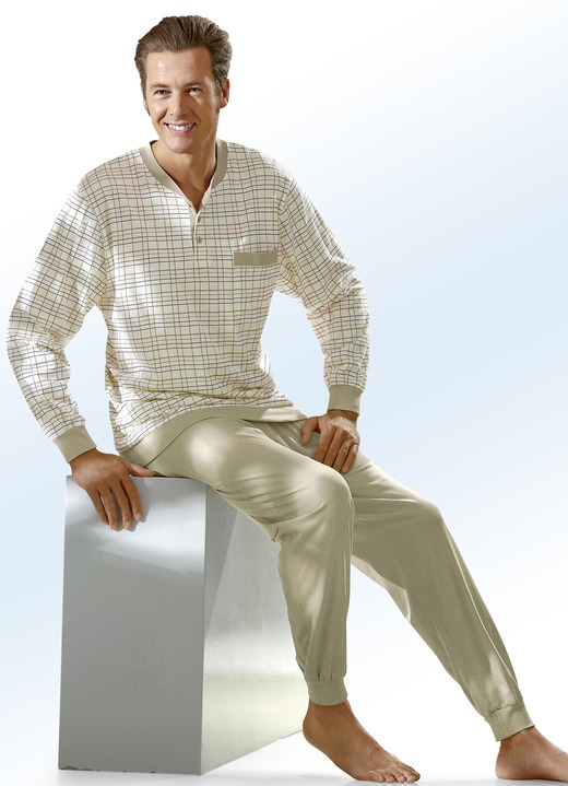 Pyjamas - Pyjama mit Knopfleiste und Bündchen, in Größe 048 bis 062, in Farbe ECRU-SAND-BUNT