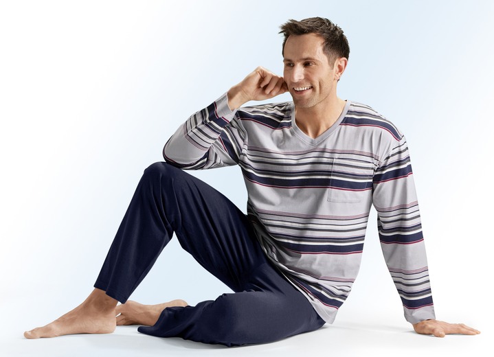 Pyjamas - Zweierpack Pyjamas mit V-Ausschnitt, Ringeldessin und Brusttasche, in Größe 046 bis 062, in Farbe 1X KIESEL,  1X AQUA Ansicht 1