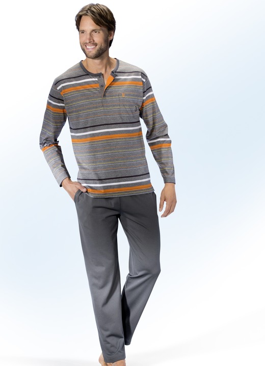 Pyjamas - Hajo Klima Komfort Pyjama mit Knopfleiste, in Größe 046 bis 062, in Farbe GRAFIT-BUNT