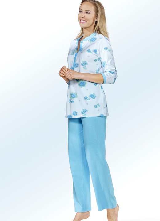 Pyjamas & Shortys - Pyjama, Langarm mit Knopfleiste, in Größe 036 bis 056, in Farbe ZARTBLEU-TÜRKIS-BUNT Ansicht 1