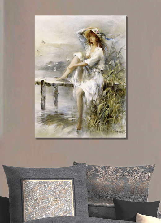 Landschaft - Bild «Nachdenkliche Frau an einem Idyllischen See» vom Künstler Willem Haenraets, in Farbe GRAU Ansicht 1