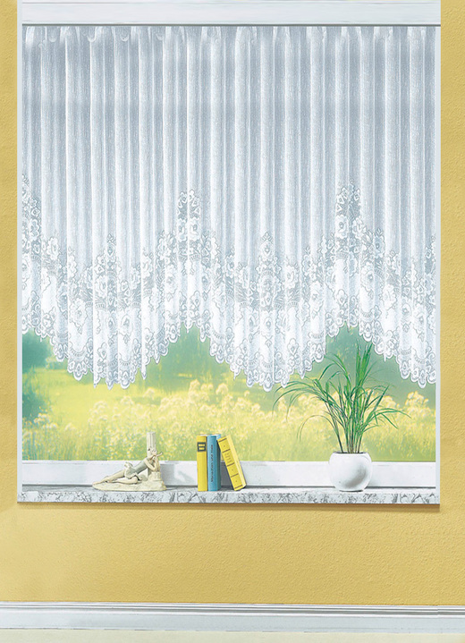 Klassisch - Blumenfenster-Vorhang, gleichmässig gebogt, mit Faltenband, in Größe 052 (H120xB300 cm) bis 115 (H145xB900 cm), in Farbe WEISS Ansicht 1