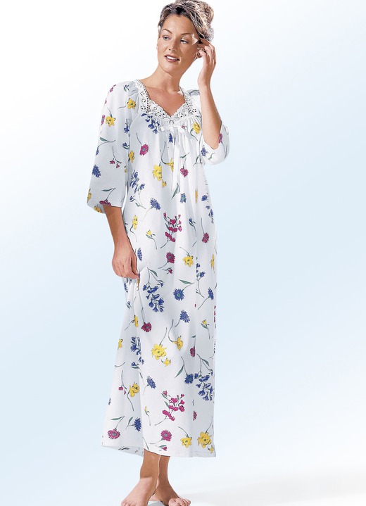 Damenmode - Nachthemd, 3/4-lange Ärmel mit V-Ausschnitt, in Größe 038 bis 056, in Farbe WEISS-BUNT