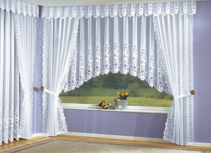 Klassisch - Aparter C-Bogen-Vorhang mit Floral-Dessin, in Größe 065 (H125xB300 cm) bis 110 (H145xB750 cm), in Farbe WEISS Ansicht 1