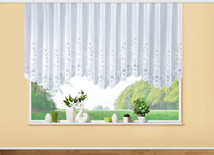 Klassisch - Blumenfenster-Vorhang, Bogenbreite 150 cm, mit Floral-Dessin, in Größe 065 (H125xB300 cm) bis 115 (H145xB900 cm), in Farbe WEISS Ansicht 1