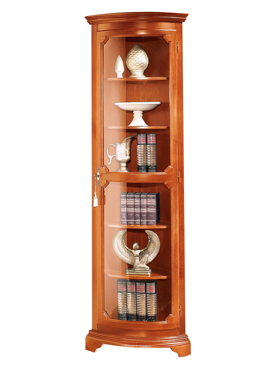 Vitrinen - Teilmassive Eckvitrine mit gebogenen Glastüren mit Schloss, in Farbe KIRSCHBAUM, in Ausführung klein, 1-türig Ansicht 1