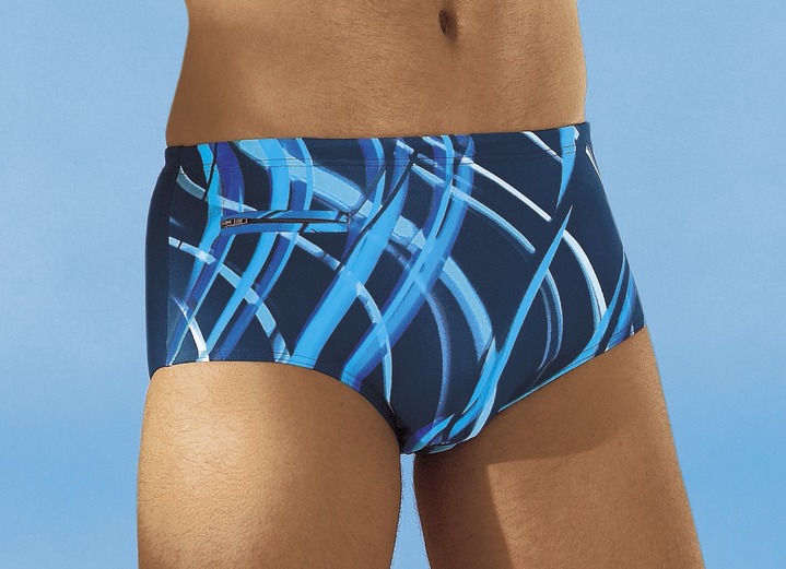 Bademode - Badehose in höherer Slipform mit Reissverschlusstasche, in Größe 005 bis 010, in Farbe MARINE-TÜRKISBLAU