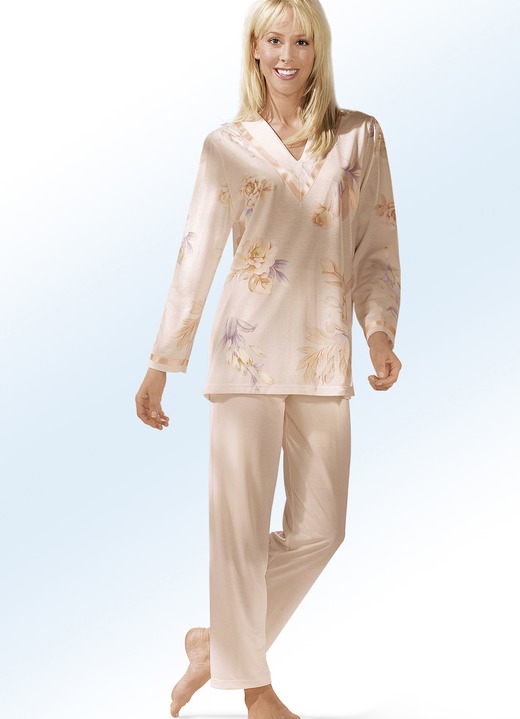 Pyjamas & Shortys - Pyjama, Langarm mit V-Ausschnitt, in Größe 036 bis 052, in Farbe APRICOT-BUNT