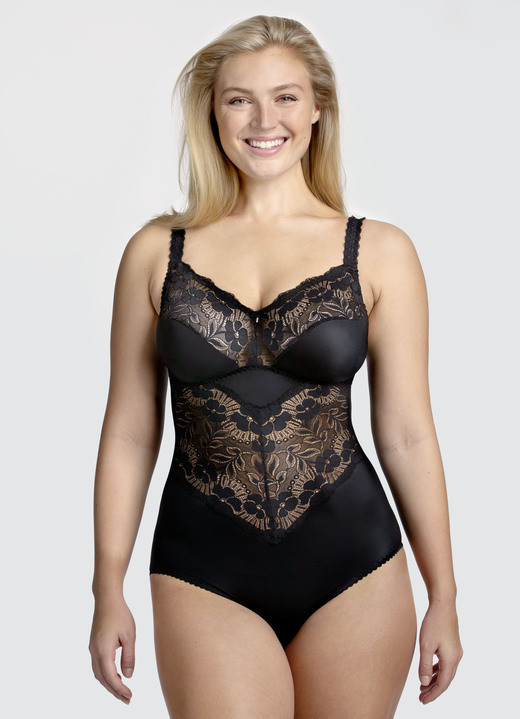 Body - Miss Mary - Body sanft formend mit Elastikspitzeneinsätzen im Vorderteil, in Größe 075 bis 105, in Cup D, in Farbe SCHWARZ Ansicht 1