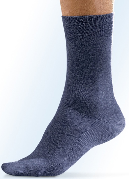 Strümpfe - Sechserpack Socken mit Massagesohle, uni bunt, in Größe 001 (Schuhgrößen 39-41) bis 003 (Schuhgrößen 44-46), in Farbe 2X JEANSBLAU MELIERT, 2X SCHWARZ, 1X HELLGRAU MELIERT, 1X BEIGE MELIERT Ansicht 1