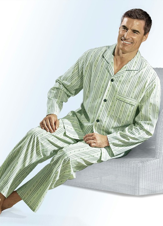 Pyjamas - Pyjama, leger geschnitten und durchgeknöpft, aus Webware, in Größe 048 bis 060, in Farbe LINDGRÜN-BUNT