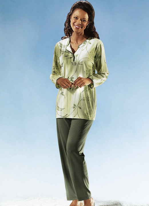Unterwäsche - Pyjama, Langarm mit Knopfleiste, in Größe 036 bis 060, in Farbe PISTAZIE-BUNT Ansicht 1