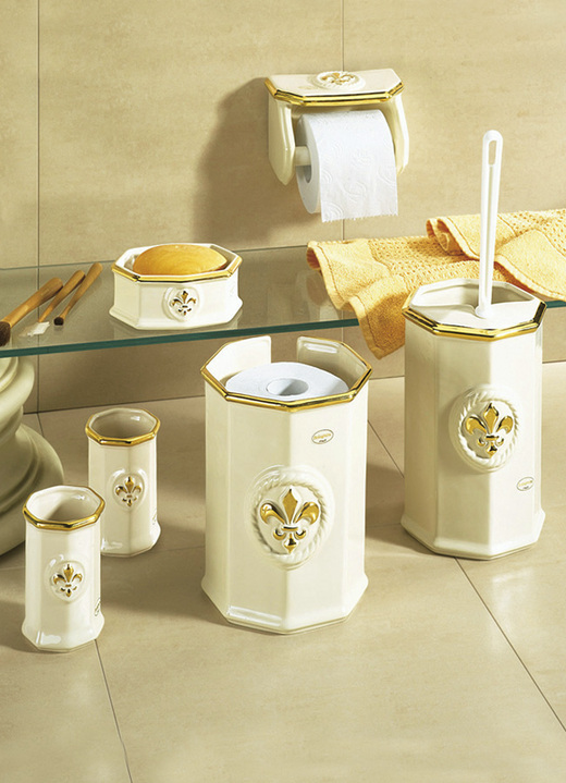 Badezimmeraccessoires - Handbemalte Badezimmeraccessoires aus glasierter Keramik, in Farbe CREME-GOLD, in Ausführung Toilettenpapierhalter Ansicht 1