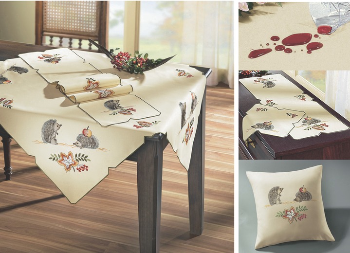 Tischdecken - Funke Tisch- und Raumdekoration mit Igel- und Blättermotiven, in Größe 148 (Tischband, 23/68 cm) bis 186 (Tischdecke, 86/86 cm), in Farbe CREME