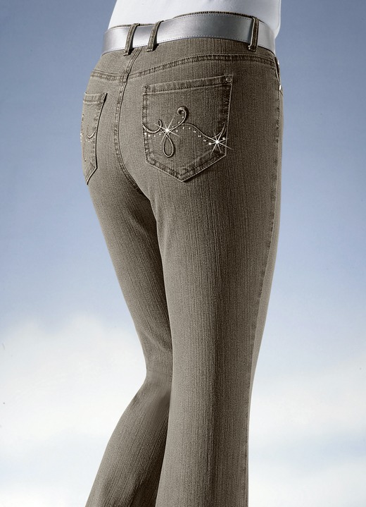 Hosen mit Knopf- und Reissverschluss - Jeans mit funkelnden Strasssteinen, in Größe 018 bis 088, in Farbe TAUPE