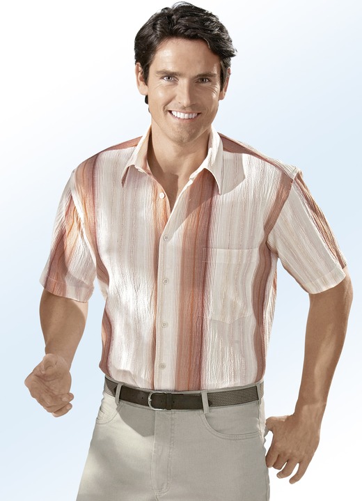 Kurzarm - Seersucker Hemd mit schönem Streifen-Dessin, in Größe 3XL (47/48) bis XXL (45/46), in Farbe ECRU-LACHS-APRICOT-TERRAKOTTA GESTREIFT