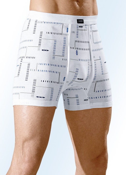 Slips & Unterhosen - Dreierpack Unterhosen aus Feinripp mit Eingriff, bunt dessiniert, in Größe 005 bis 013, in Farbe 2X WEISS-BUNT, 1X HELLBLAU-BUNT