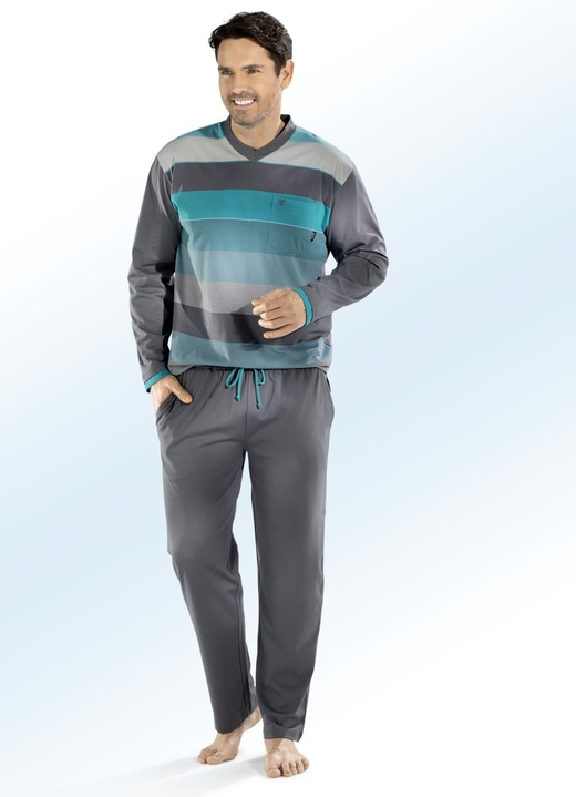 Pyjamas - Hajo Klima Komfort Pyjama mit V-Ausschnitt und garngefärbtem Ringel, in Größe 046 bis 060, in Farbe GRAU-TÜRKIS Ansicht 1