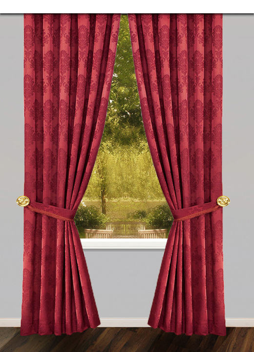 Klassisch - Jacquard Übergardinen-Garnitur , in Größe 501 (150x115 cm) bis 899 2er-Pack Raffhalter, (ca. 60 cm), in Farbe WEINROT Ansicht 1
