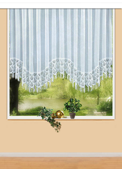 Klassisch - Blumenfenster-Store mit Plauener Spitze, in Größe 165 (125x300 cm) bis 225 (160x600 cm), in Farbe WEISS