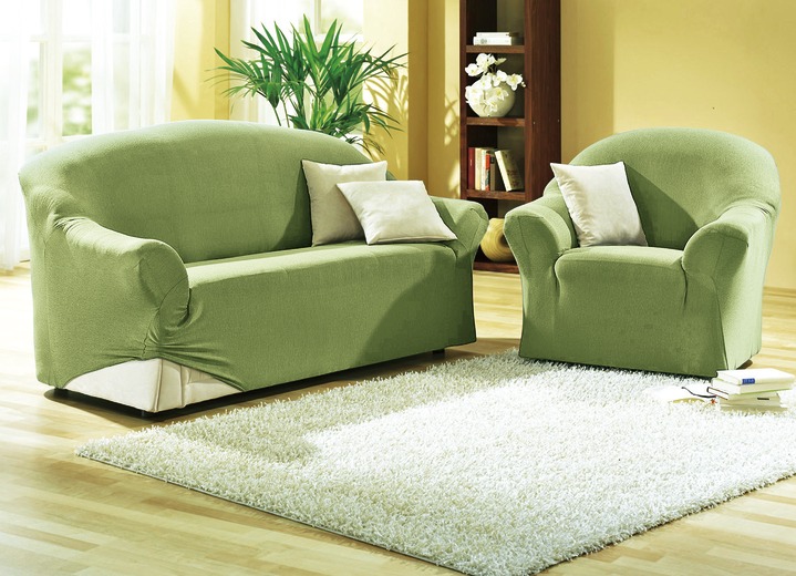 Sessel- & Sofaüberwürfe - Leicht melierte Stretchbezüge, in Größe 101 (Sessel-Bezug) bis 108 (Hocker-Bezug), in Farbe GRÜN Ansicht 1
