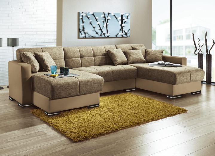 Moderne Möbel - Polstermöbel mit Bettfunktion, in Farbe SAND-CAPPUCCINO, in Ausführung Wohnlandschaft Ansicht 1