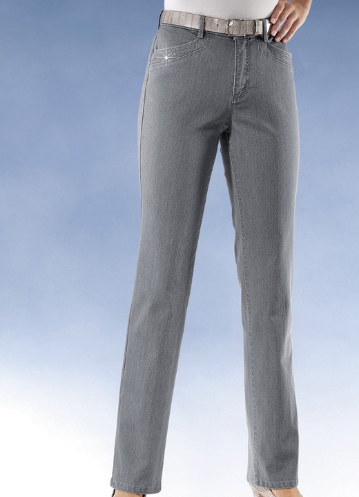 Jeans - Komfortjeans verziert mit Strasssteinen in 6 Farben Jeans - Komfortjeans verziert mit Strasssteinen in 6 Farben, in Größe 018 bis 054, in Farbe HELLGRAU