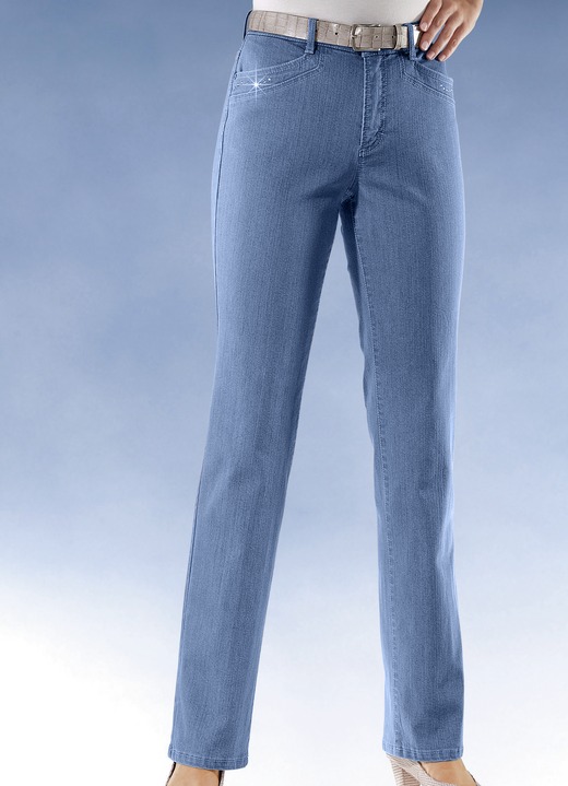 Jeans - Komfortjeans verziert mit Strasssteinen in 6 Farben Jeans - Komfortjeans verziert mit Strasssteinen in 6 Farben, in Größe 018 bis 054, in Farbe JEANSBLAU