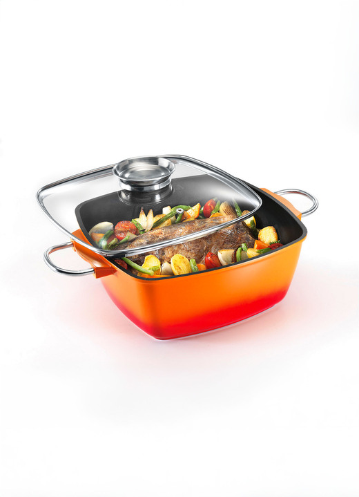 Töpfe & Pfannen - Extra hoher Aluguss-Bräter von King mit Antihaft-Beschichtung, in Farbe ORANGE, in Ausführung Eckpfanne 20x20 cm: Inhalt 3 Liter Ansicht 1