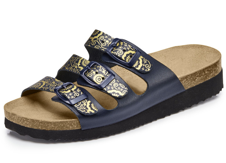 Sandaletten & Pantoletten - Pantolette mit Kork-Naturkautschuk-Tieffussbett, in Größe 036 bis 042, in Farbe MARINE-GOLD Ansicht 1