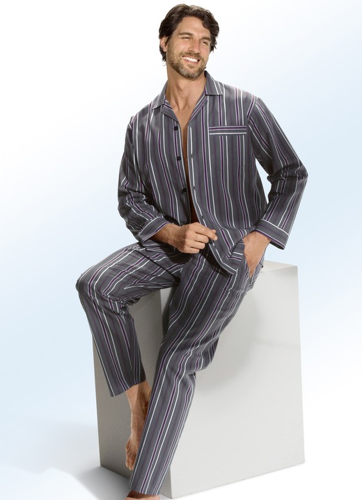 Pyjamas - Pyjama, durchgeknöpft, aus Webware mit Streifendessin, in Größe 046 bis 060, in Farbe GRAFIT-BUNT Ansicht 1