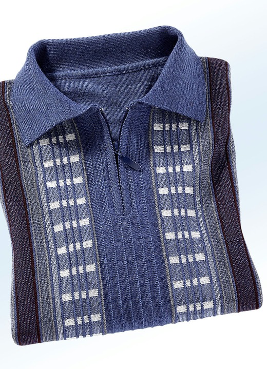 Gemustert - Faszinierender Polopullover mit kurzem Reissverschluss Gemustert - Faszinierender Polopullover mit kurzem Reissverschluss, in Größe 046 bis 062, in Farbe JEANSBLAU MELIERT