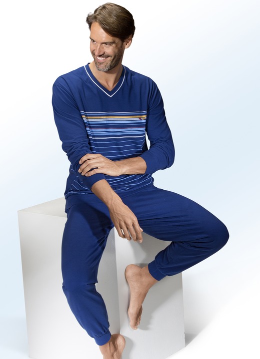 Pyjamas - Pyjama mit V-Ausschnitt und Dehnbund, in Größe 046 bis 062, in Farbe INDIGO-BUNT