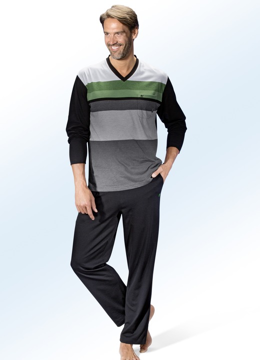 Pyjamas - Hajo Klima Komfort Pyjama mit V-Auschnitt, garngefärbtem Ringeldessin und Brusttasche, in Größe 046 bis 060, in Farbe SCHWARZ-BUNT
