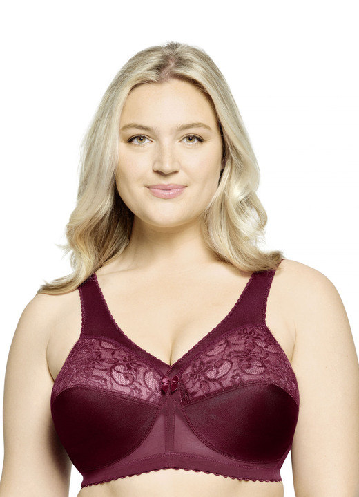 BH ohne Formbügel - Glamorise Stütz-BH mit Spitze, in Größe 080 bis 130, in Cup E, in Farbe BORDEAUX Ansicht 1