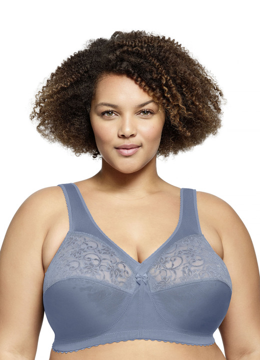 BH ohne Formbügel - Glamorise Stütz-BH mit Spitze, in Größe 080 bis 130, in Cup F, in Farbe RAUCHBLAU Ansicht 1
