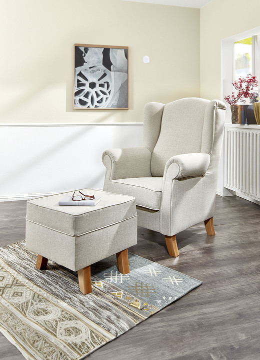 Sessel - Ohrenbackensessel mit Hocker, in Farbe BEIGE-BUCHE Ansicht 1
