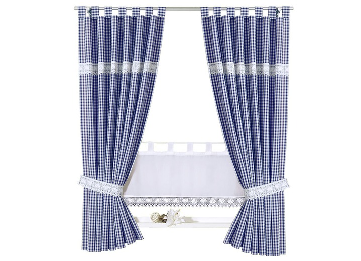 Kurzgardinen - Übergardine mit Häkelborte, in Größe 340 (H125xB 65 cm) bis 899 (1 Raffhalter, 60 cm), in Farbe BLAU-WEISS, in Ausführung Mit Schlaufen Ansicht 1