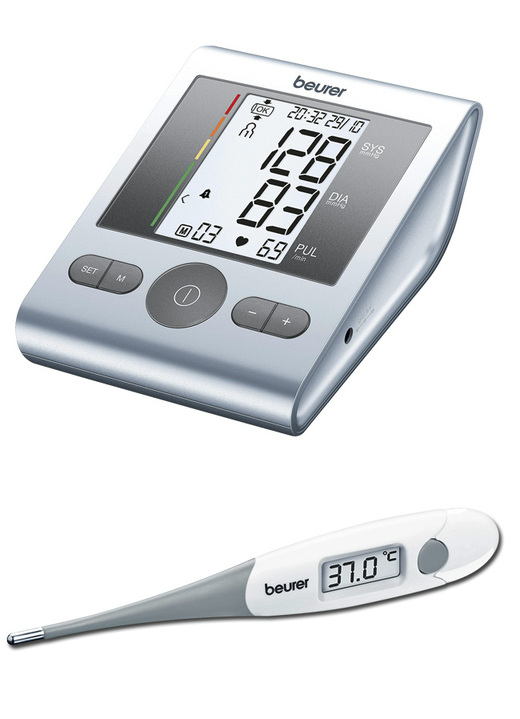 - «beurer» Oberarm-Blutdruckmessgeraät BM 13 mit Fieberthermometer FT 15/1, in Farbe WEISS/GRAU