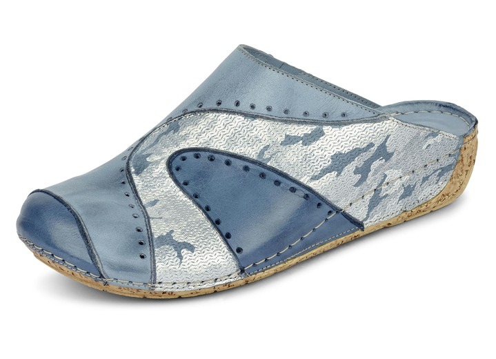 Sandaletten & Pantoletten - Gemini Clog aus schattiertem, teilweise geprägtem Rind-Nappaleder, in Größe 036 bis 042, in Farbe JEANS-SILBER Ansicht 1