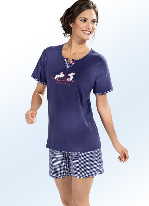Pyjamas & Shortys - Shorty, Kurzarm mit platziertem Druck, in Größe 034 bis 050, in Farbe NAVY-WEISS