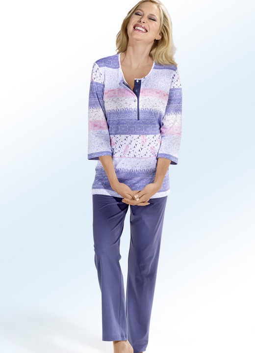 Pyjamas & Shortys - Pyjama, 3/4-lange Ärmel mit Knopfleiste, in Größe 036 bis 054, in Farbe WEISS-BLAU Ansicht 1