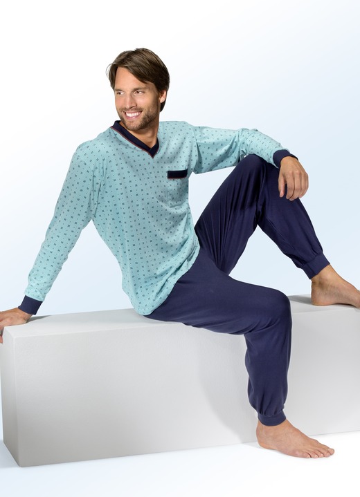 Herrenwäsche - Pyjama mit V-Ausschnitt, Brusttasche und Ärmelbündchen, in Größe 048 bis 066, in Farbe MARINE-TÜRKIS