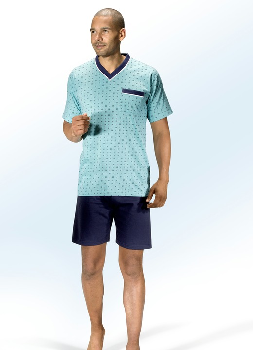Shortys - Shorty mit V-Ausschnitt und Brusttasche, in Größe 048 bis 068, in Farbe MARINE-TÜRKIS