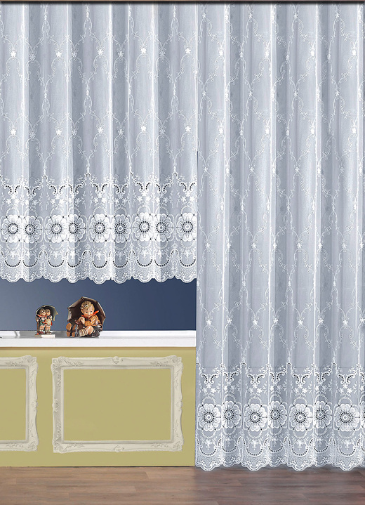 - Klassische Fensterdekoration, in Größe 123 (H105xB300 cm) bis 291 (H245xB450 cm), in Farbe WEISS, in Ausführung Jacquard Ansicht 1