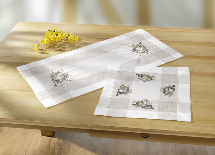 - Tisch- und Raumdekoration «Häschen-Motive», in Größe 120 (Deckchen, 35/ 35 cm) bis 404 (Kissenhülle, 40/ 40 cm), in Farbe BEIGE Ansicht 1
