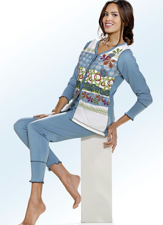 Nachtwäsche - Pyjama, Langarm und durchgeknöpft, in Größe 034 bis 052, in Farbe PETROL-BUNT
