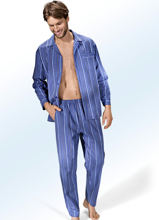 Pyjamas - Pyjama, durchgeknöpft, aus Webware mit Streifendessin, in Größe 046 bis 060, in Farbe JEANSBLAU-BUNT Ansicht 1