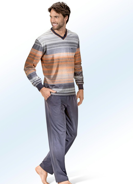 Pyjamas - Hajo Klima Komfort Pyjama mit V-Ausschnitt, Brusttasche und garngefärbtem Ringeldessin, in Größe 046 bis 060, in Farbe GRAFIT-BUNT